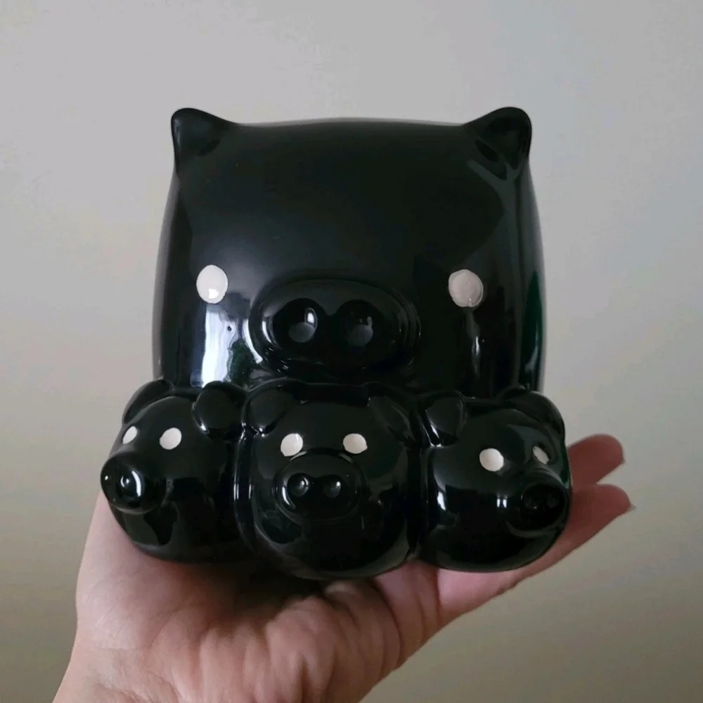 Y2K Piggy Coin Bank Black Pig Mom 3 Baby Pigs Square Whimsical Farmhouse pop art